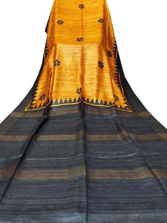Orange Block Printed Pure Tussar Ghicha Silk Saree - Luxurion World