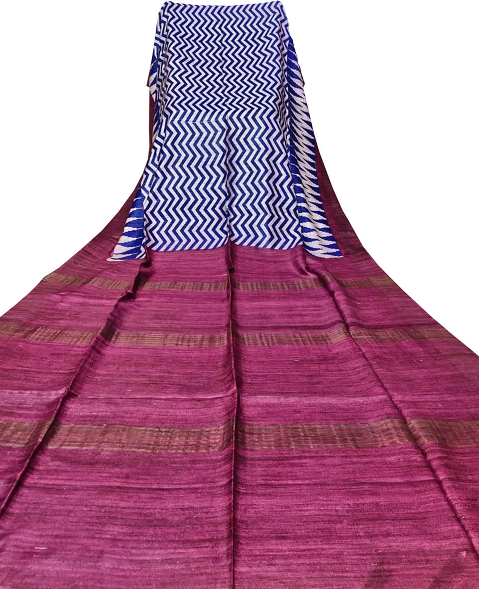 Off White Block Printed Pure Tussar Ghicha Silk Saree - Luxurion World