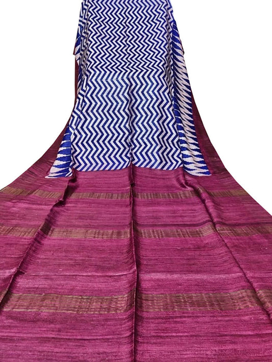 Off White Block Printed Pure Tussar Ghicha Silk Saree - Luxurion World