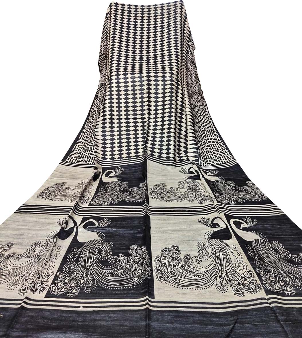 Black And White Block Printed Pure Tussar Ghicha Silk Saree - Luxurion World