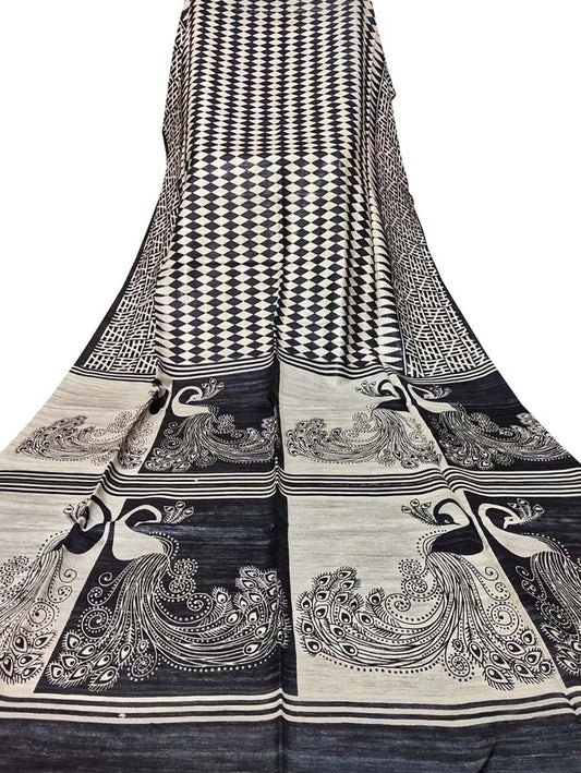 Black And White Block Printed Pure Tussar Ghicha Silk Saree - Luxurion World