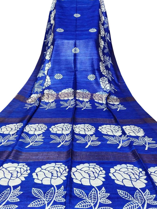 Blue Block Printed Pure Tussar Ghicha Silk Saree
