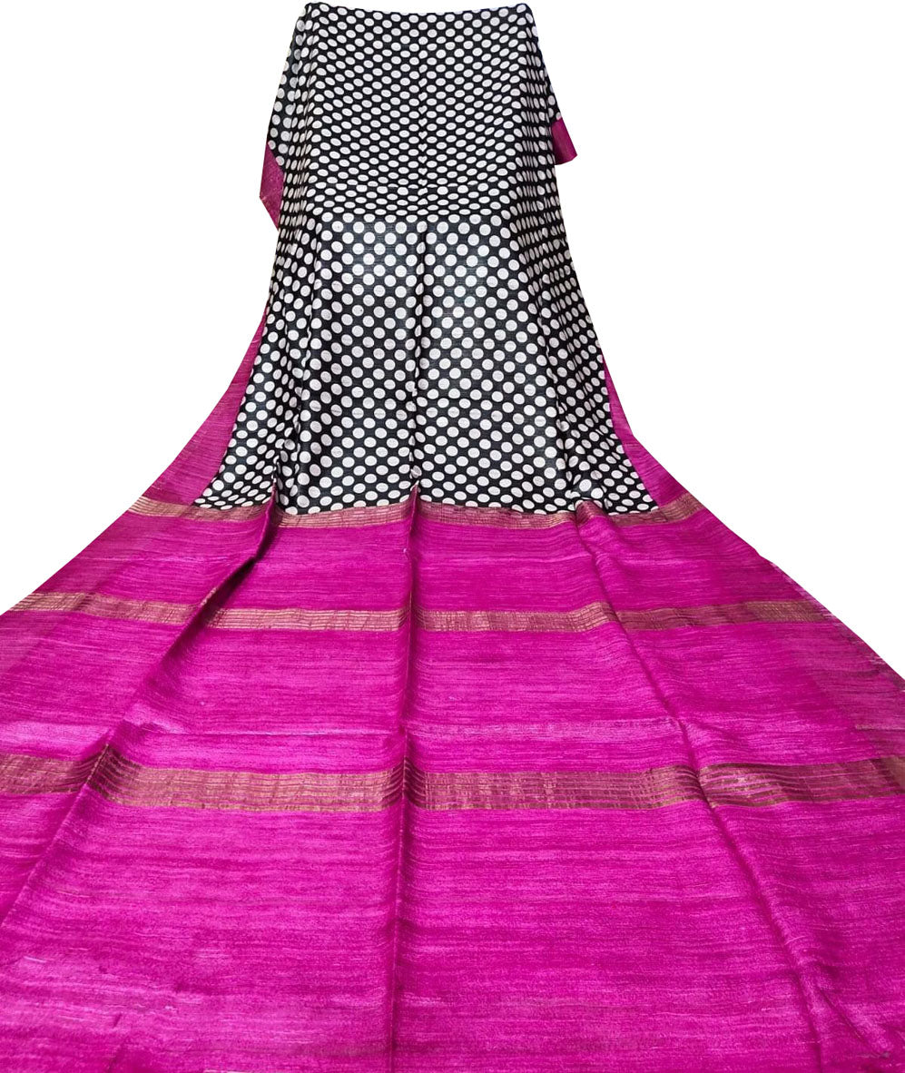 Black And White Block Printed Pure Tussar Ghicha Silk Saree - Luxurion World