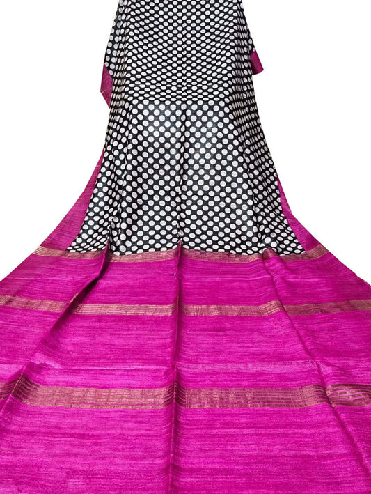 Black And White Block Printed Pure Tussar Ghicha Silk Saree - Luxurion World