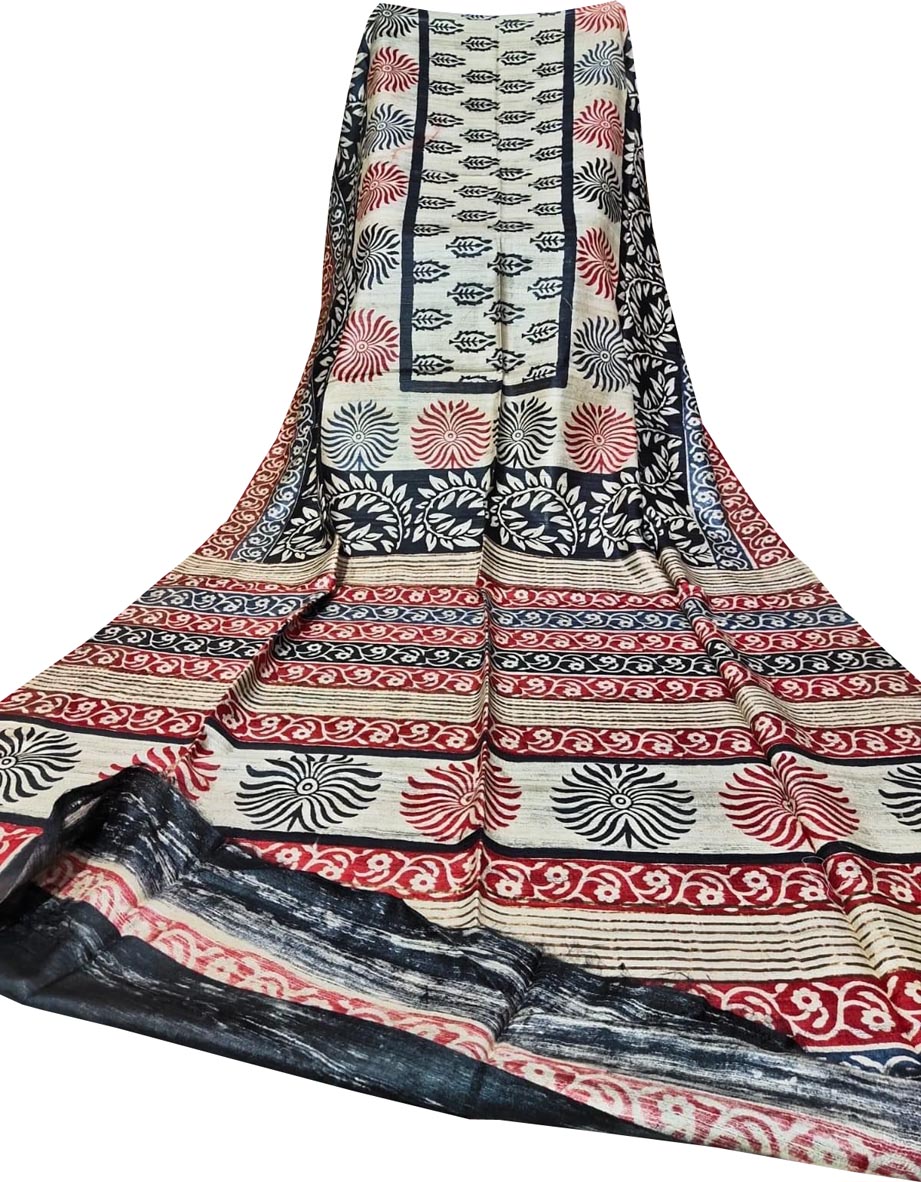 Pastel Block Printed Pure Tussar Ghicha Silk Saree - Luxurion World