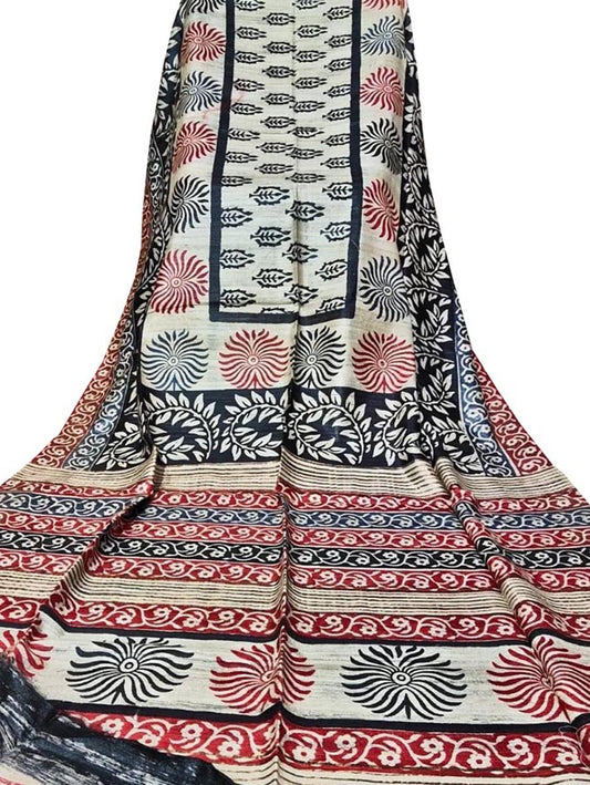 Pastel Block Printed Pure Tussar Ghicha Silk Saree - Luxurion World
