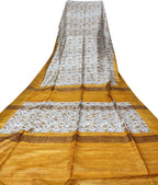 Off White Block Printed Pure Tussar Ghicha Silk Saree - Luxurion World