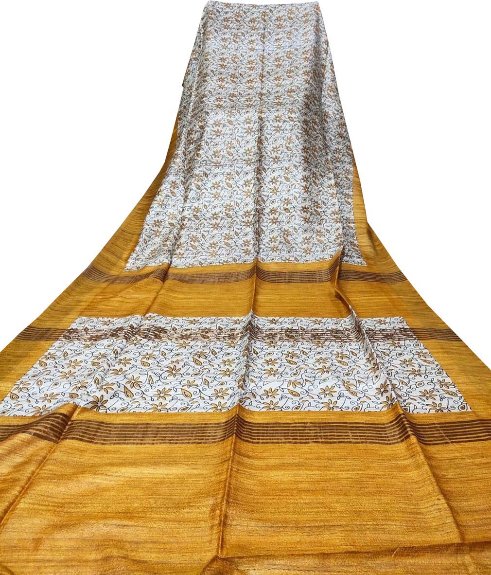 Off White Block Printed Pure Tussar Ghicha Silk Saree - Luxurion World