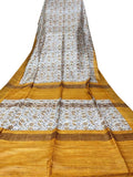 Off White Block Printed Pure Tussar Ghicha Silk Saree - Luxurion World