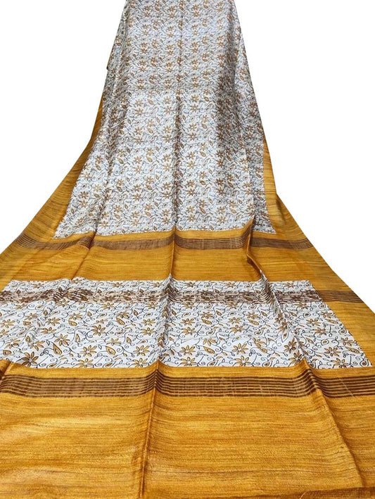 Off White Block Printed Pure Tussar Ghicha Silk Saree - Luxurion World