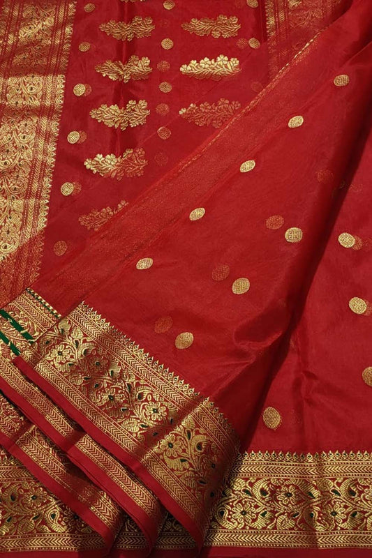 Red Handloom Chanderi Pure Katan Silk Saree