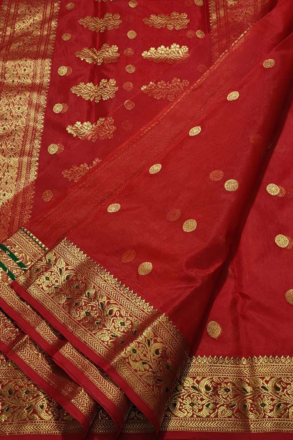 Red Handloom Chanderi Pure Katan Silk Saree - Luxurion World