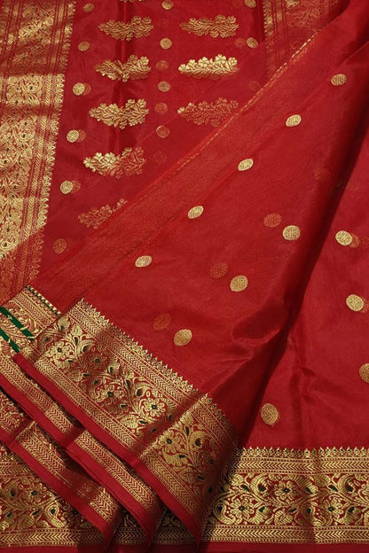 Red Handloom Chanderi Pure Katan Silk Saree - Luxurion World