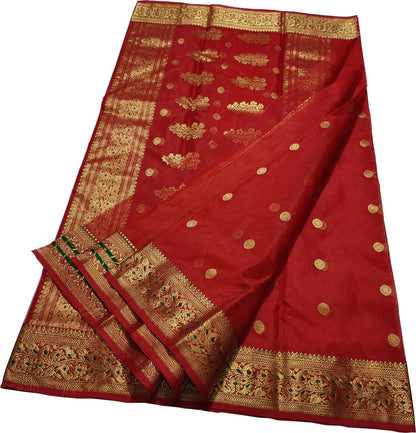 Red Handloom Chanderi Pure Katan Silk Saree - Luxurion World
