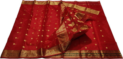 Red Handloom Chanderi Pure Katan Silk Saree - Luxurion World
