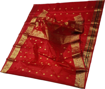 Red Handloom Chanderi Pure Katan Silk Saree - Luxurion World