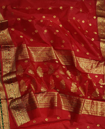 Red Handloom Chanderi Pure Katan Silk Saree - Luxurion World