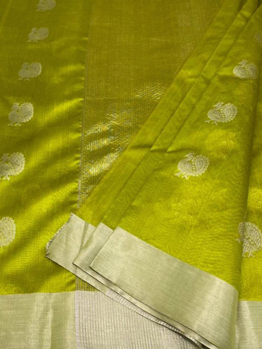 Green Chanderi Handloom Pure Katan Silk Saree - Luxurion World