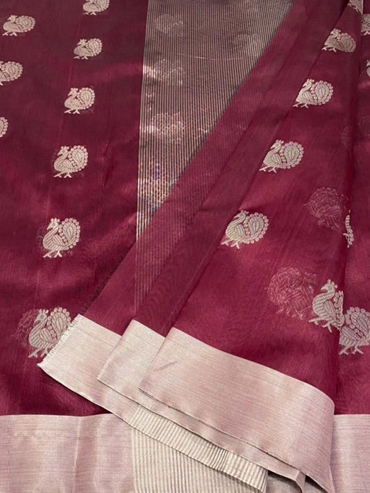 Maroon Chanderi Handloom Pure Katan Silk Saree - Luxurion World