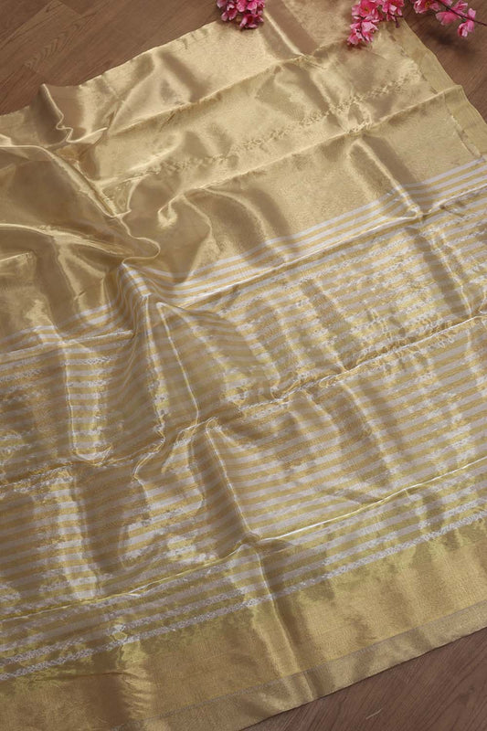 Golden Chanderi Handloom Tissue Silk Saree - Luxurion World