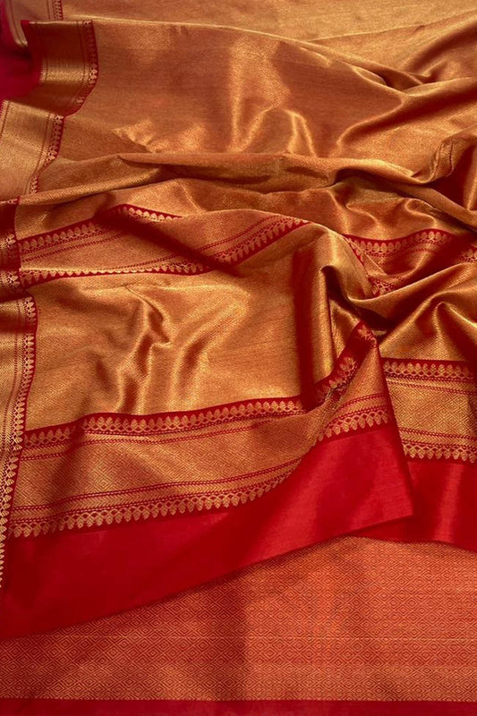 Exquisite Golden Chanderi Handloom Katan Silk Saree - Luxurion World