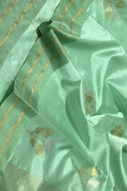 Green Chanderi Handloom Pure Katan Silk Saree - Luxurion World