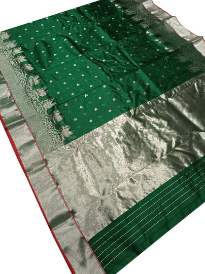 Green Chanderi Handloom Pure Katan Silk Saree - Luxurion World