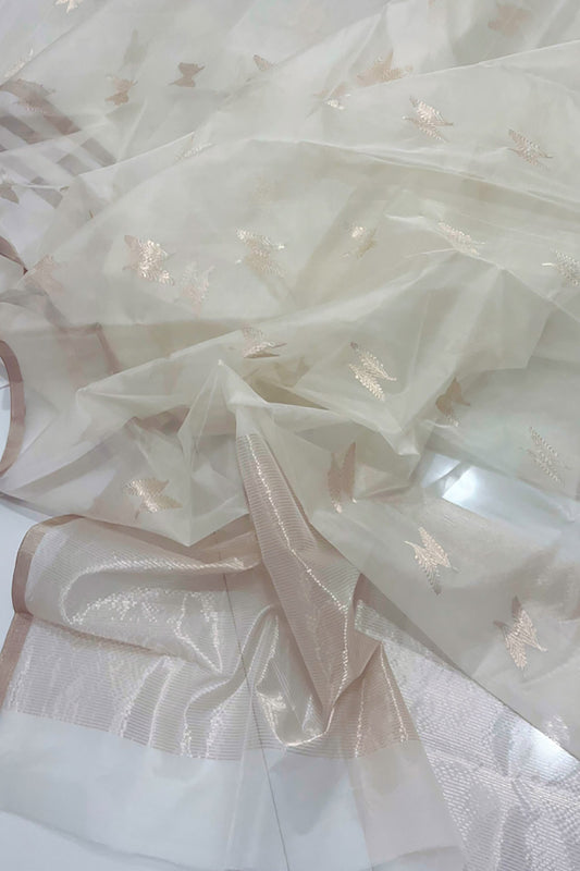 Off White Handloom Chanderi Pure Katan Organza Silk Saree - Luxurion World