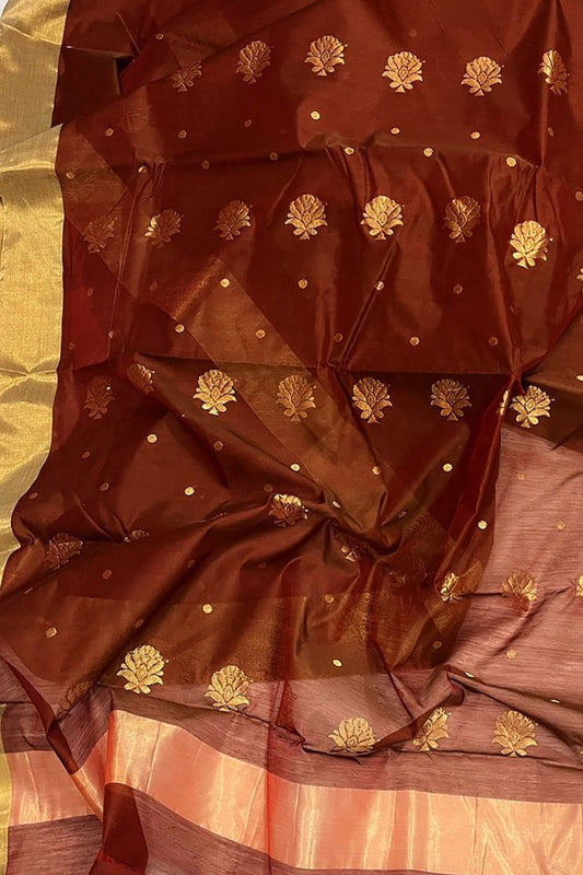 Brown Chanderi Handloom Cotton Silk Saree - Luxurion World