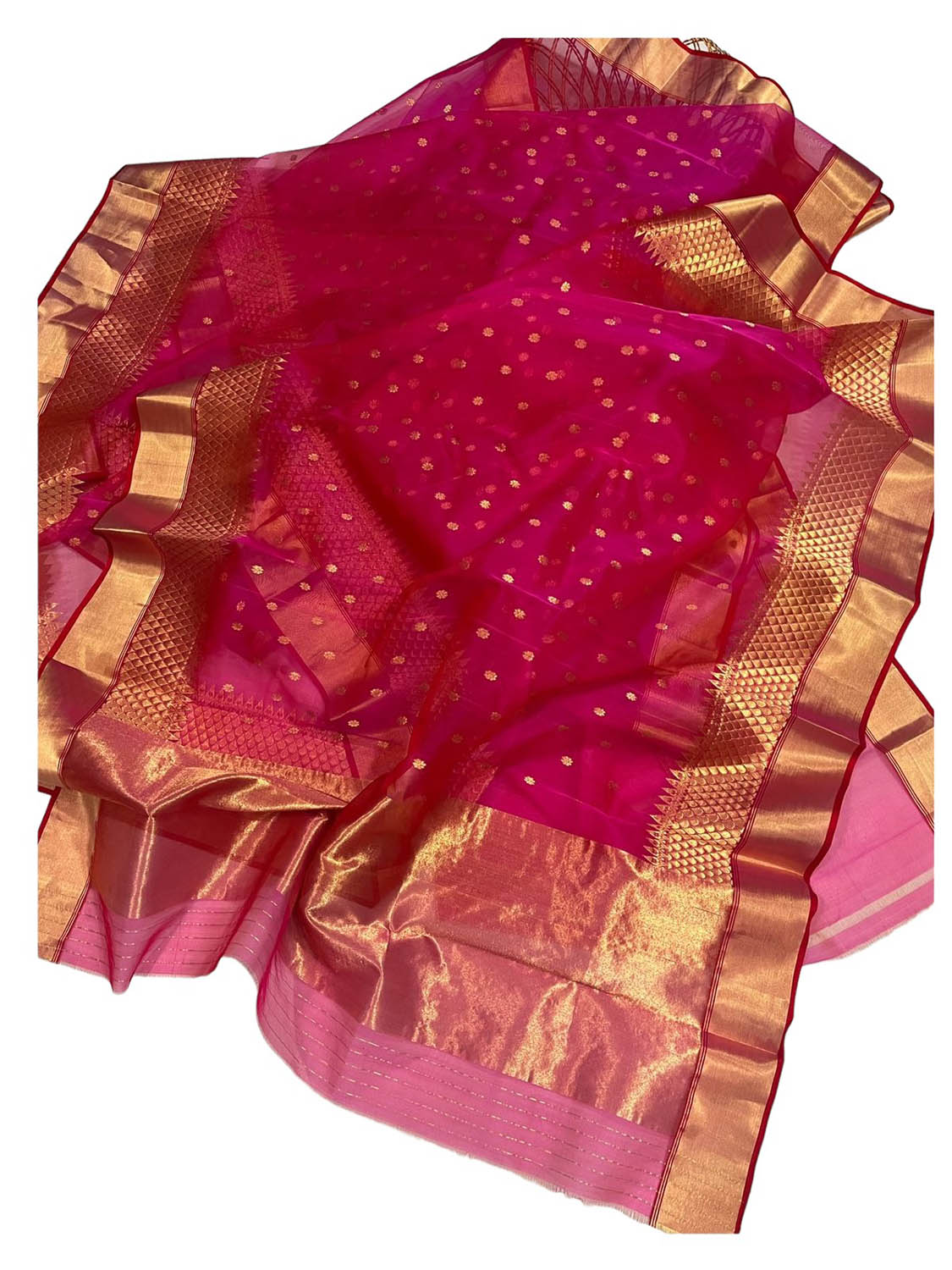 Pink Chanderi Handloom Pure Katan Organza Silk Saree - Luxurion World