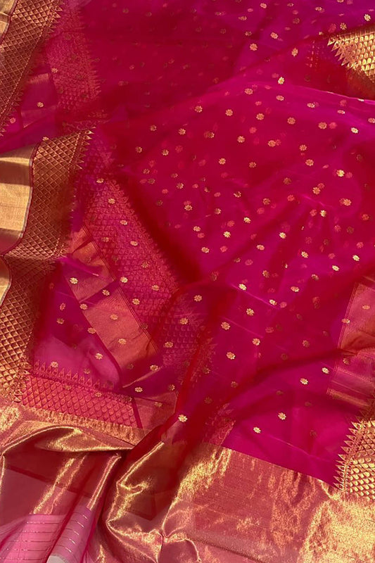 Pink Chanderi Handloom Pure Katan Organza Silk Saree - Luxurion World