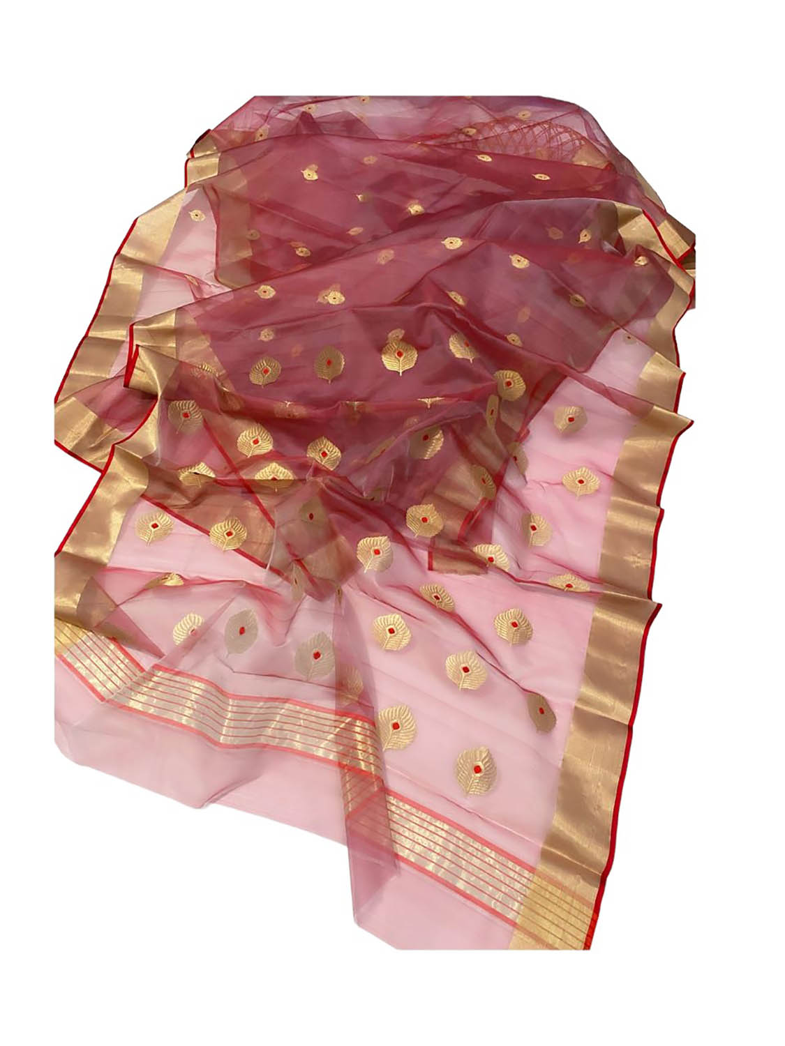 Red Chanderi Handloom Pure Katan Organza Silk Meena Booti Saree - Luxurion World