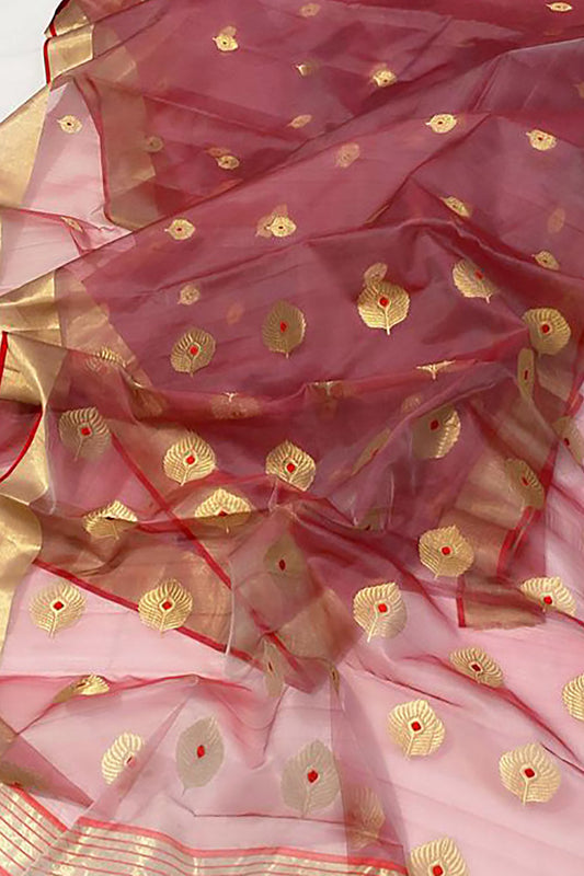 Red Chanderi Handloom Pure Katan Organza Silk Meena Booti Saree - Luxurion World