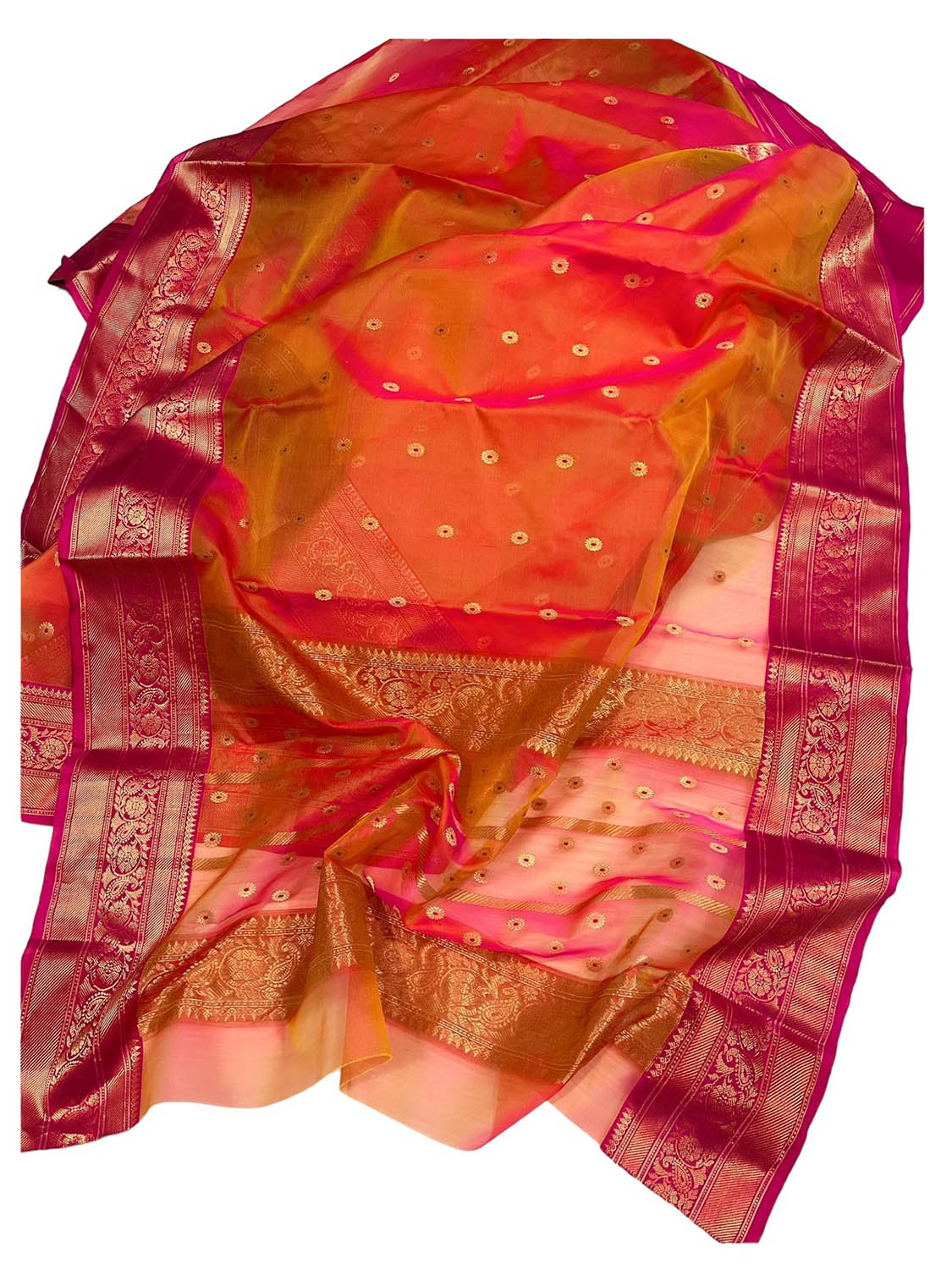 Orange Chanderi Handloom Pure Katan Organza Silk Saree - Luxurion World