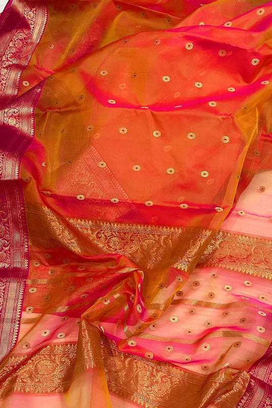 Orange Chanderi Handloom Pure Katan Organza Silk Saree - Luxurion World