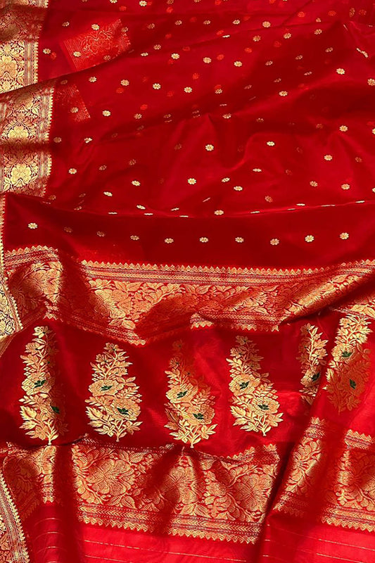 Red Chanderi Handloom Pure Katan Organza Silk Saree - Luxurion World