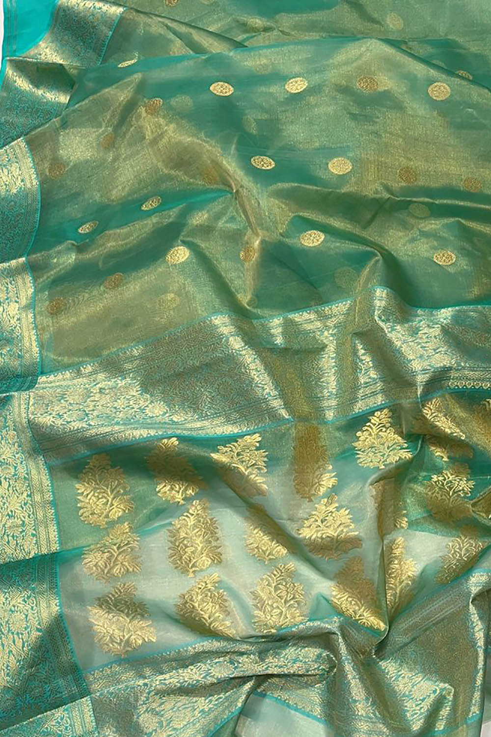 Green Chanderi Handloom Pure Katan Organza Tissue Silk Saree - Luxurion World
