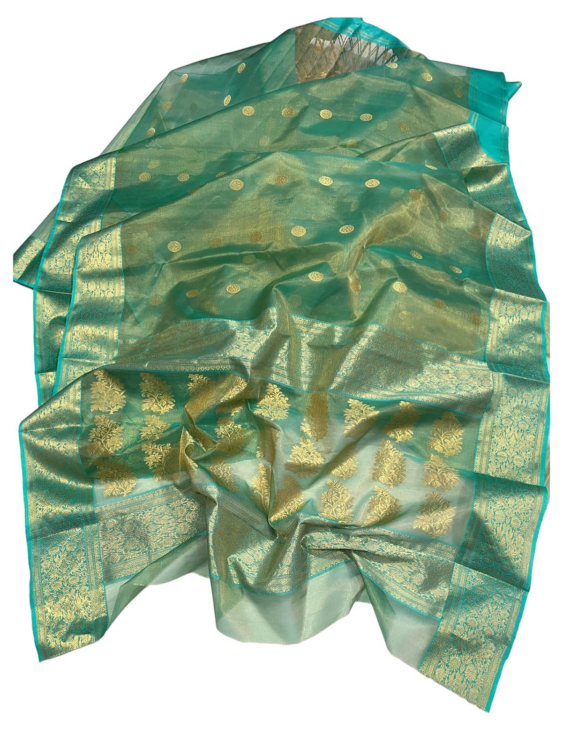 Green Chanderi Handloom Pure Katan Organza Tissue Silk Saree - Luxurion World