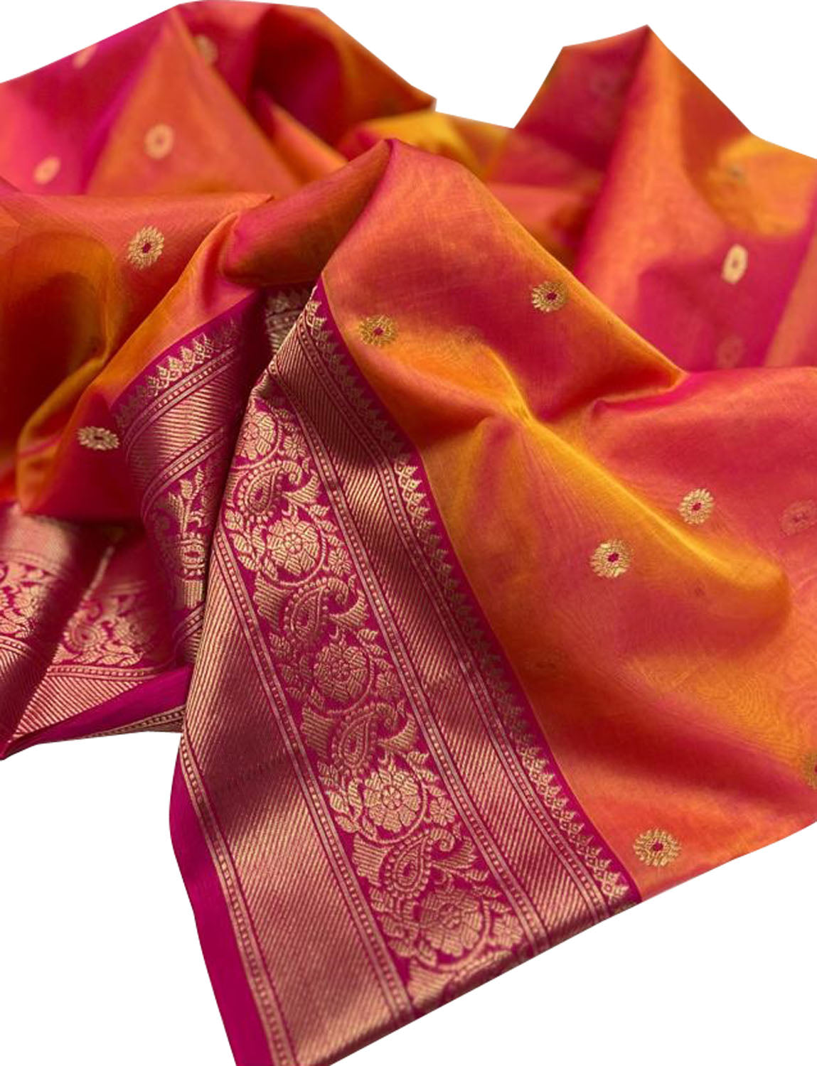 Shop Handloom Orange & Pink Chanderi Katan Organza Silk Saree - Limited Stock!