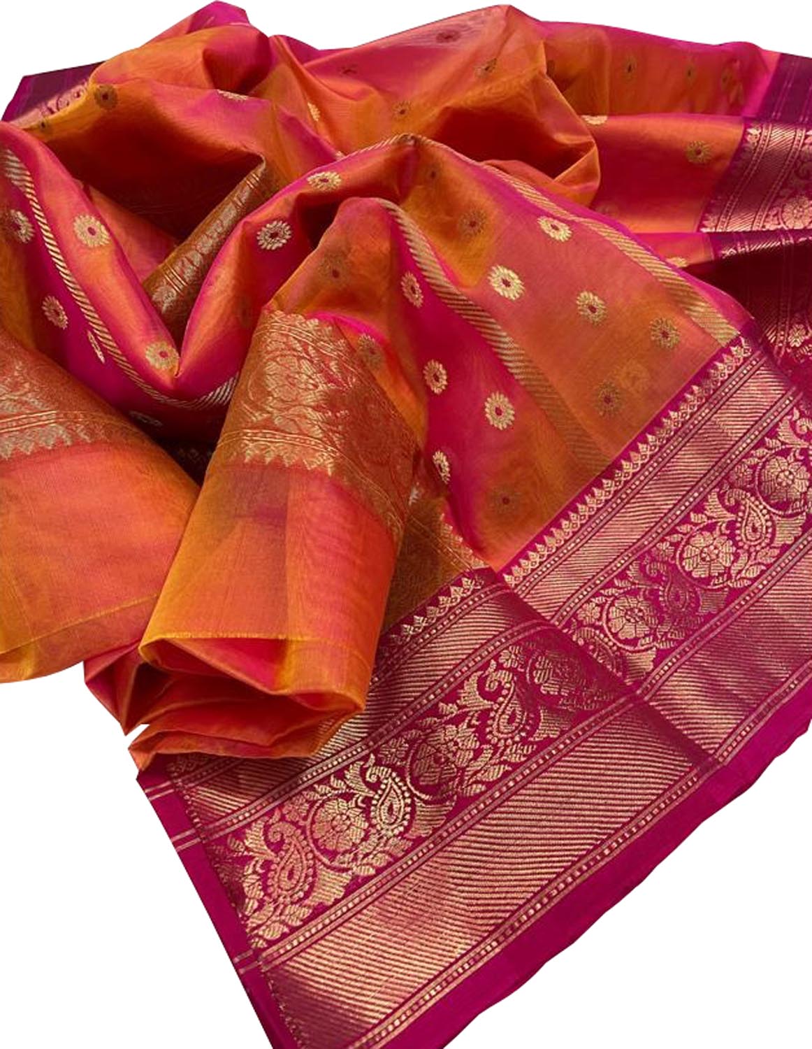 Shop Handloom Orange & Pink Chanderi Katan Organza Silk Saree - Limited Stock! - Luxurion World