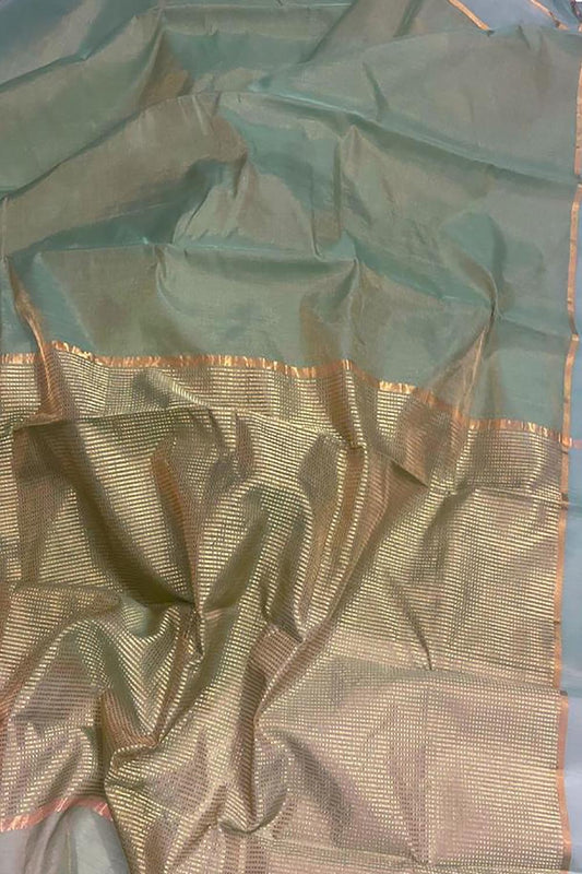 Pure Tissue Silk Saree in Blue Chanderi Handloom: Elegant and Timeless - Luxurion World