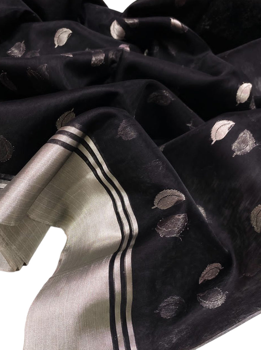 Black Chanderi Handloom Pure Katan Organza Silk Saree - Luxurion World