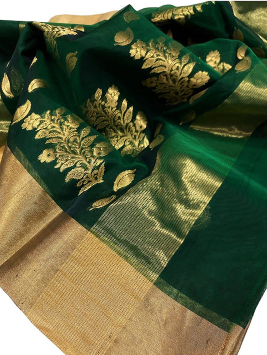 Green Chanderi Handloom Pure Katan Organza Silk Saree - Luxurion World