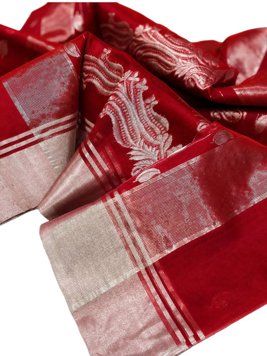 Red Chanderi Handloom Pure Katan Organza Silk Saree - Luxurion World