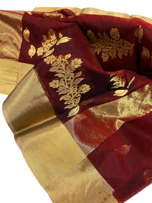Maroon Chanderi Handloom Pure Katan Organza Silk Saree - Luxurion World