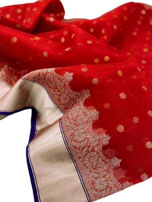 Red Chanderi Handloom Pure Katan Organza Silk Saree