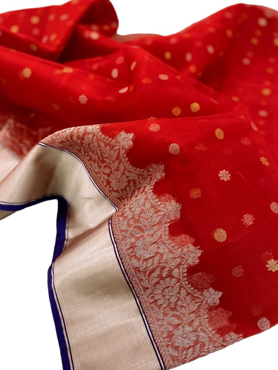 Red Chanderi Handloom Pure Katan Organza Silk Saree - Luxurion World