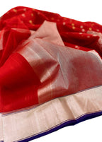 Red Chanderi Handloom Pure Katan Organza Silk Saree - Luxurion World
