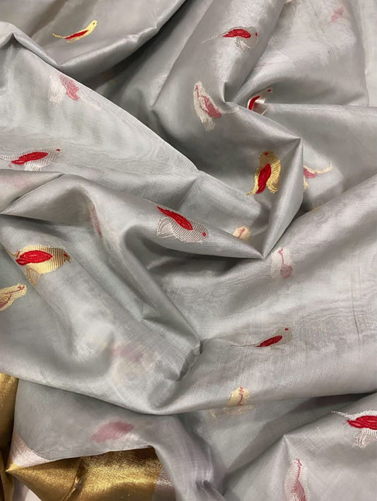 Grey Chanderi Handloom Pure Katan Organza Silk Saree - Luxurion World