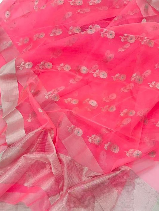 Pink Chanderi Handloom Pure Katan Organza Silk Saree - Luxurion World